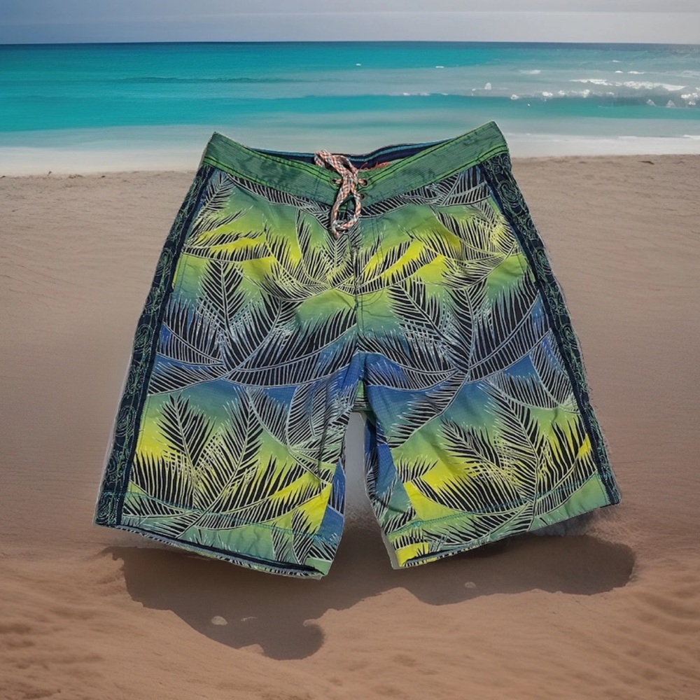 Robert Graham Men’s Blue Green Palm Leaves Board Shorts Swim Trunks